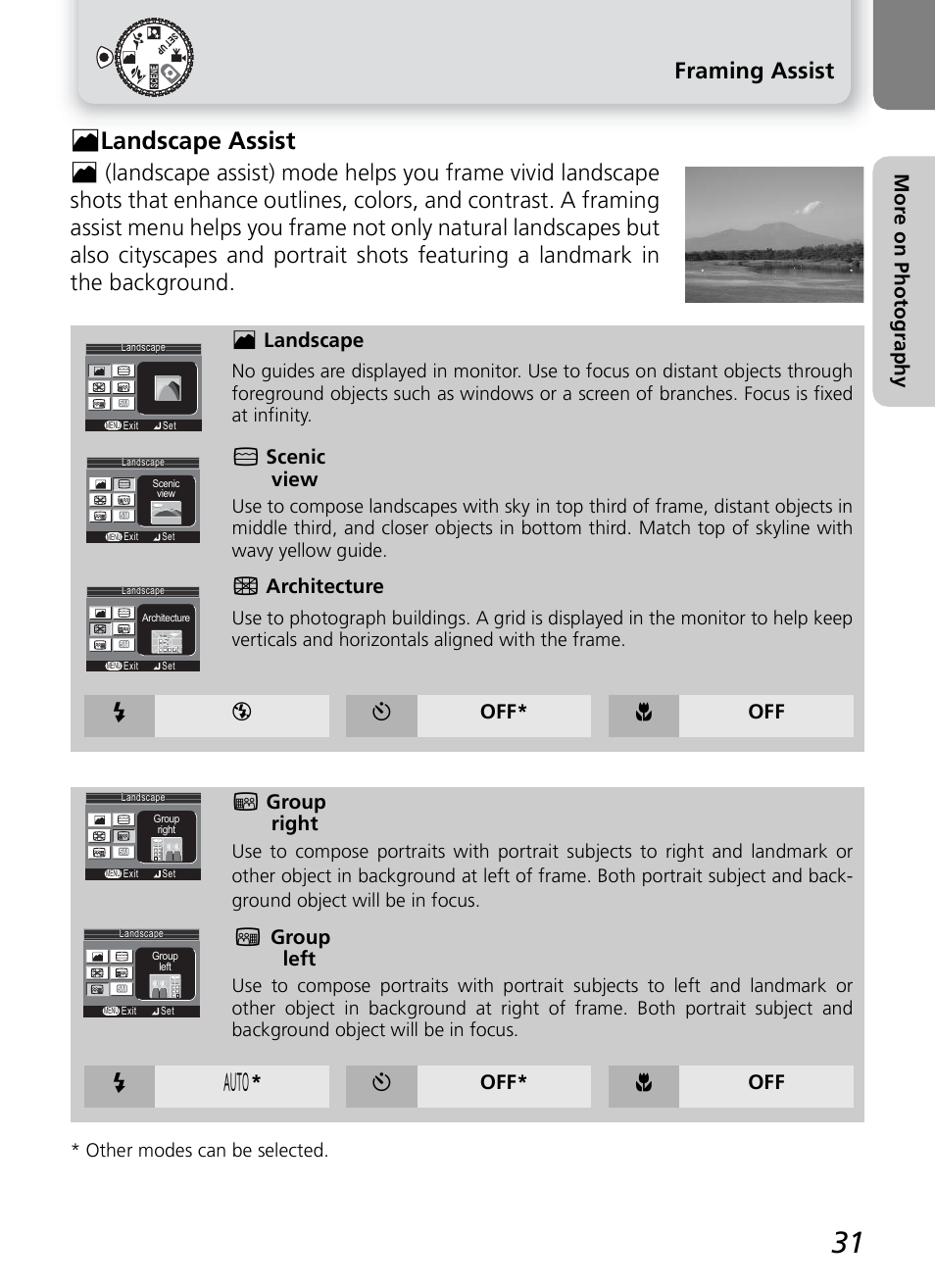 N landscape assist, Framing assist, Mo re on p hot ogra phy | N landscape, 6 scenic view, 7 architecture, Y off* & off 5 group right, 8 group left, Y off* & off, Other modes can be selected | Onkyo COOLPIX 5100 User Manual | Page 41 / 120