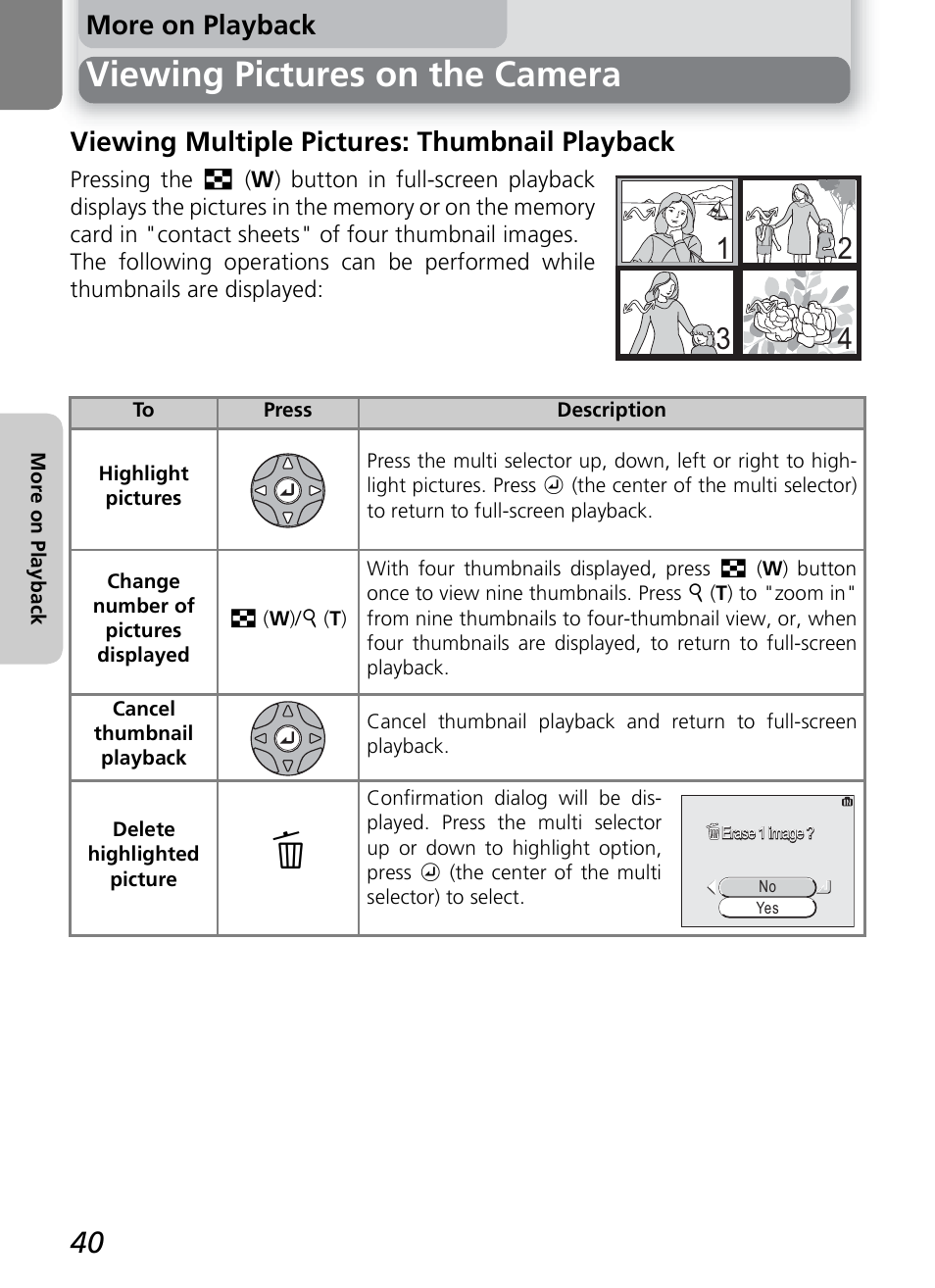 Viewing pictures on the camera, More on playback, Viewing multiple pictures: thumbnail playback | Onkyo COOLPIX 5100 User Manual | Page 50 / 120