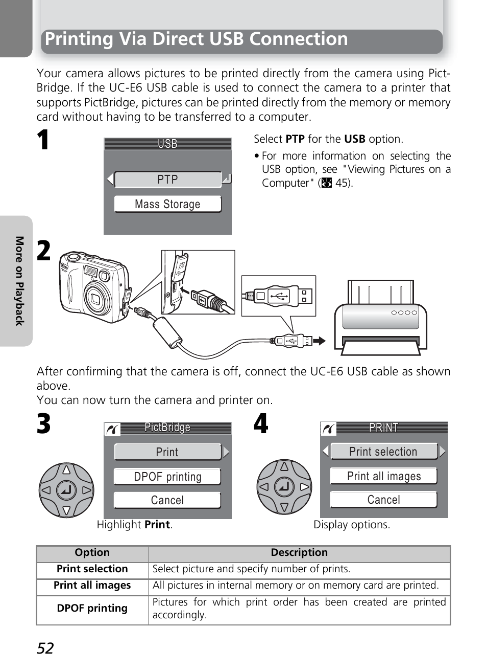Printing via direct usb connection | Onkyo COOLPIX 5100 User Manual | Page 62 / 120