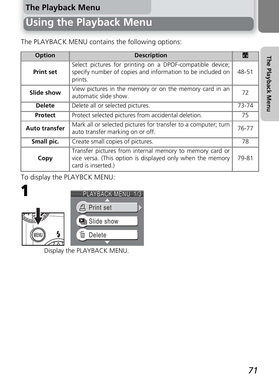 Using the playback menu, The playback menu | Onkyo COOLPIX 5100 User Manual | Page 81 / 120
