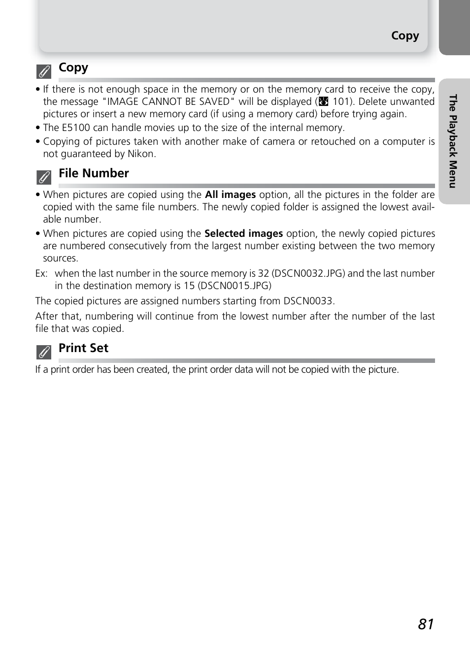Copy, File number, Print set | Onkyo COOLPIX 5100 User Manual | Page 91 / 120