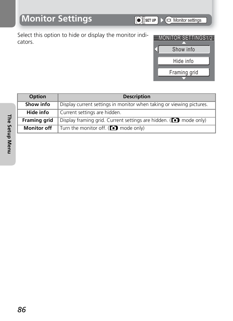 Monitor settings | Onkyo COOLPIX 5100 User Manual | Page 96 / 120