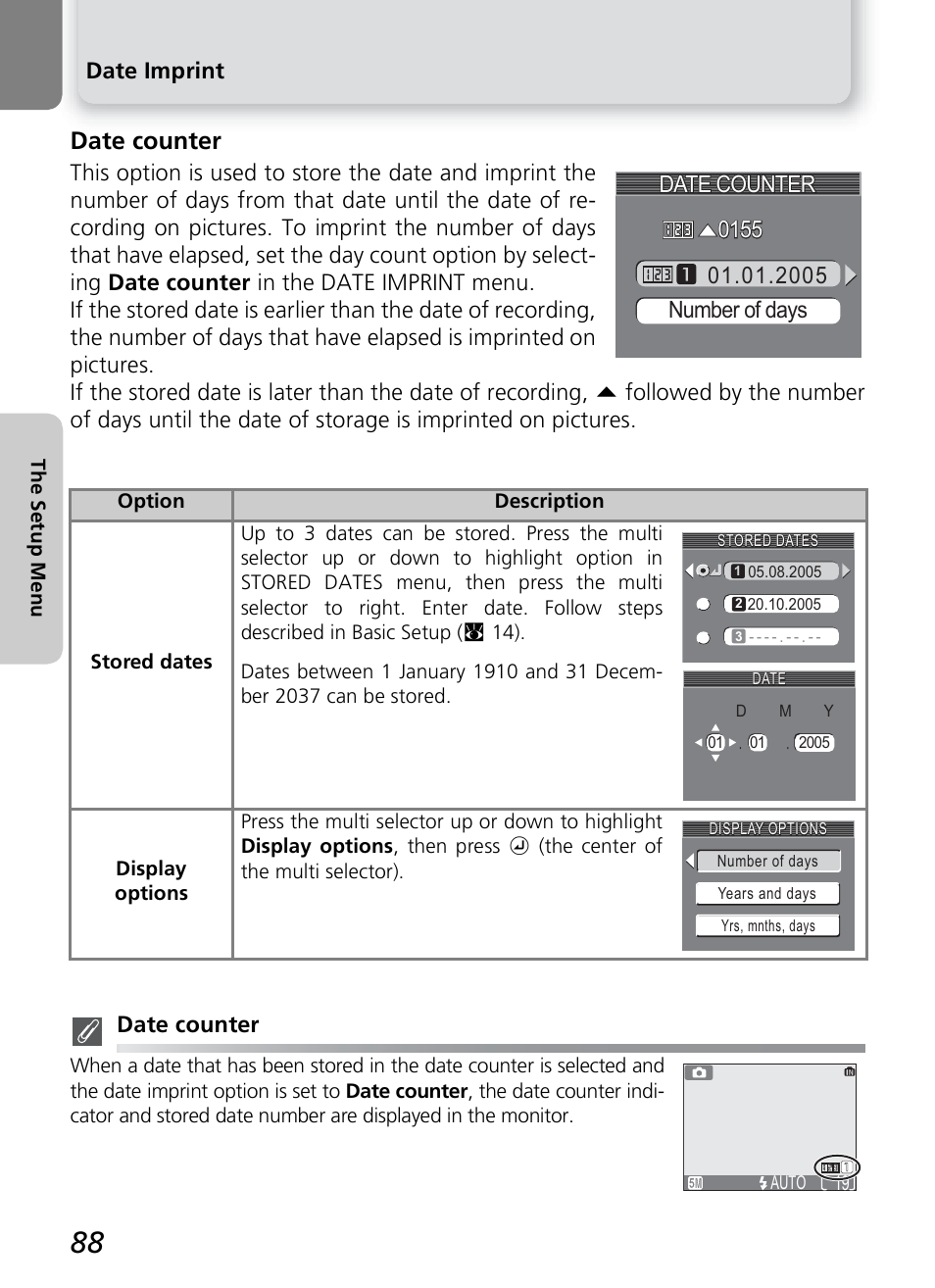 Date counter, Date imprint | Onkyo COOLPIX 5100 User Manual | Page 98 / 120