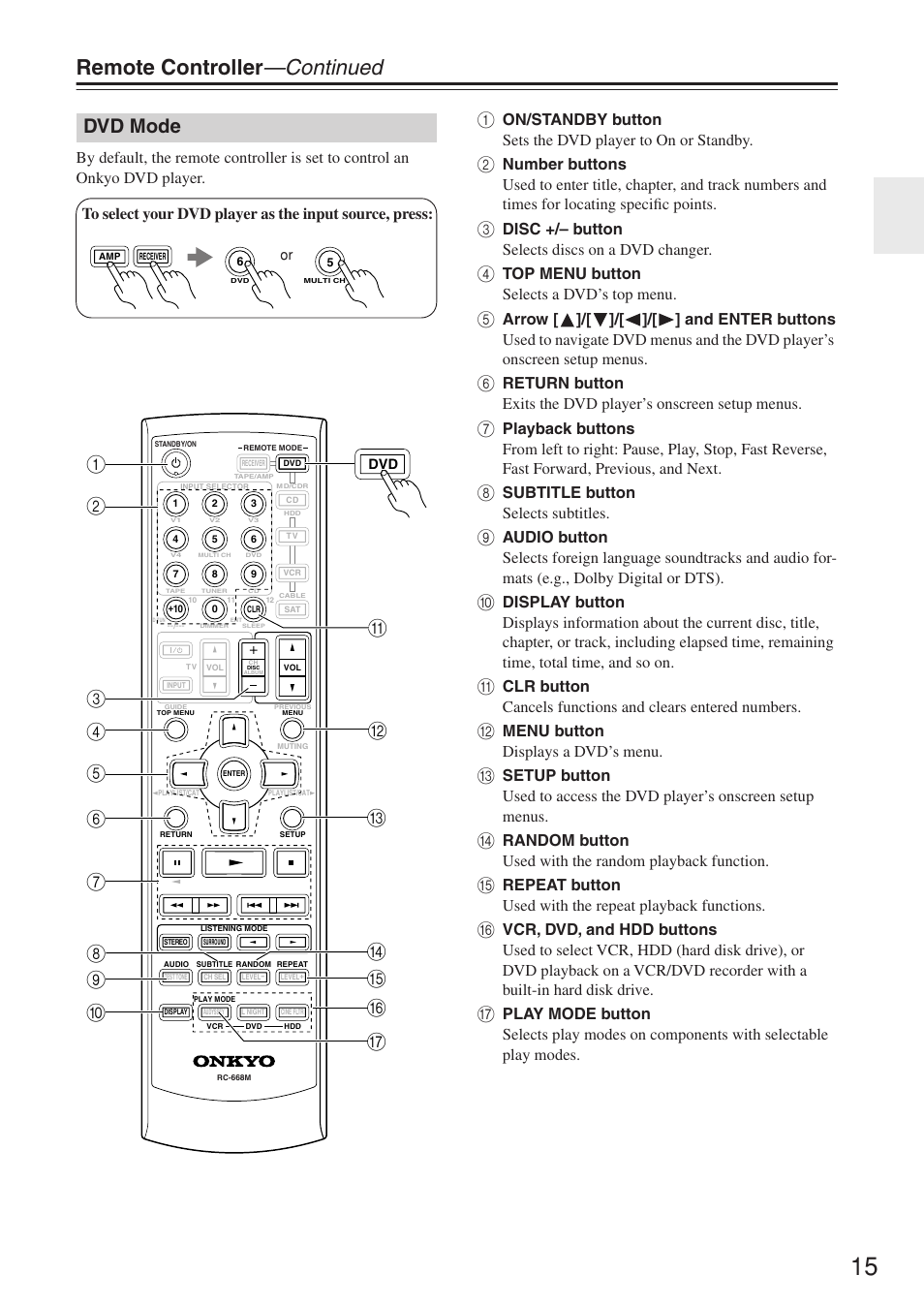 Remote controller —continued, Dvd mode, Disc +/– button selects discs on a dvd changer | Top menu button selects a dvd’s top menu, Subtitle button selects subtitles, Menu button displays a dvd’s menu | Onkyo HT-R640 User Manual | Page 15 / 80