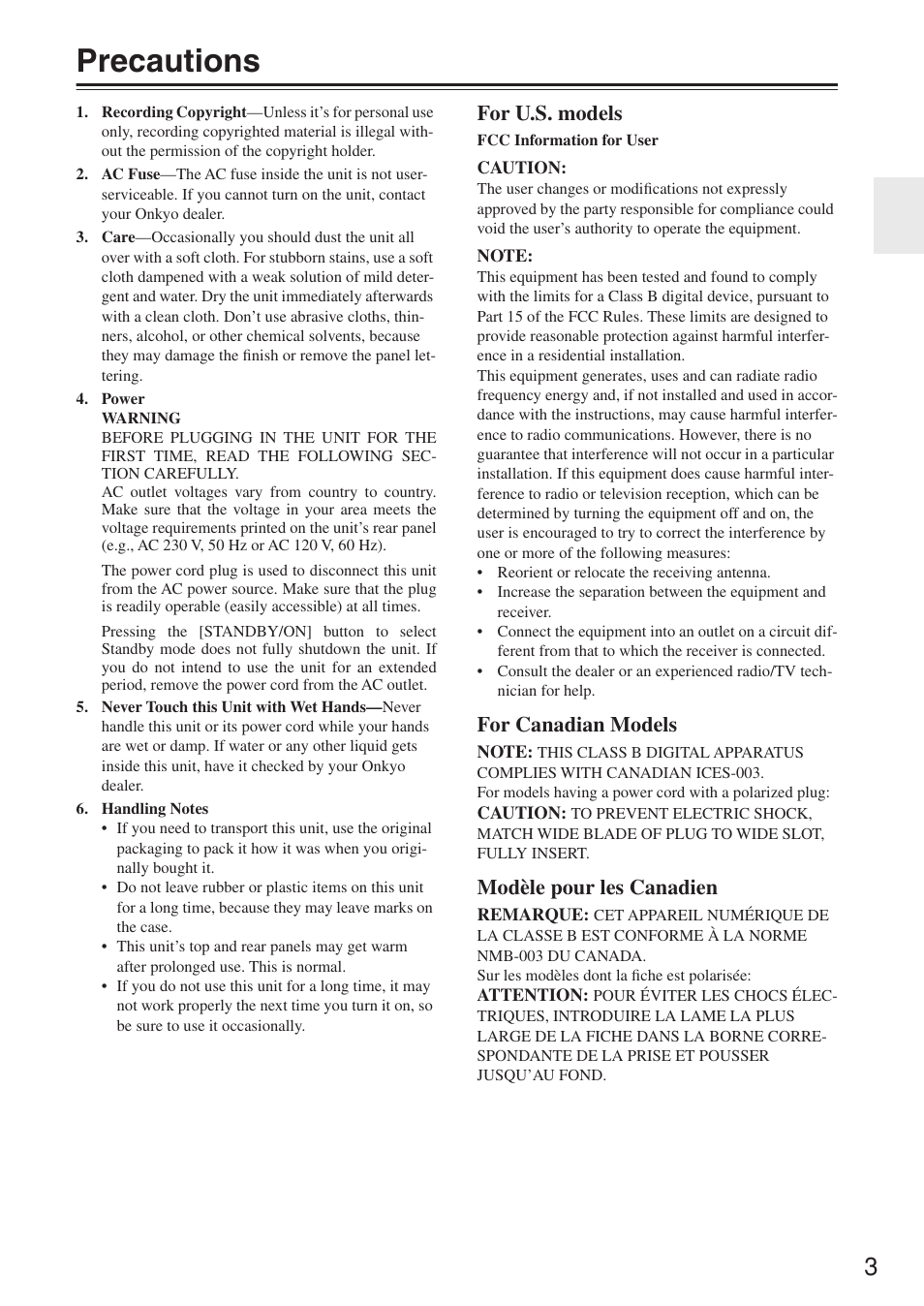 Precautions, For u.s. models, For canadian models | Modèle pour les canadien | Onkyo HT-R640 User Manual | Page 3 / 80