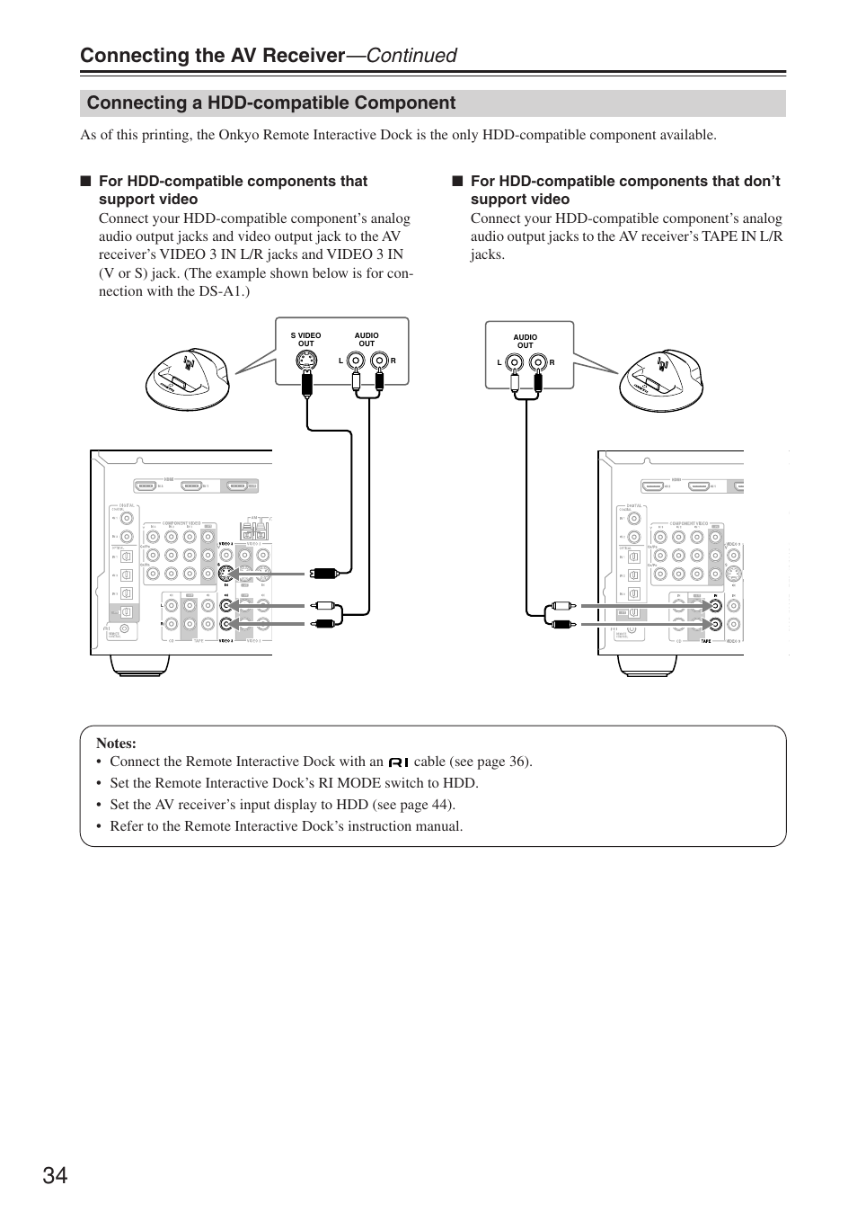 Connecting the av receiver —continued, Connecting a hdd-compatible component | Onkyo HT-R640 User Manual | Page 34 / 80