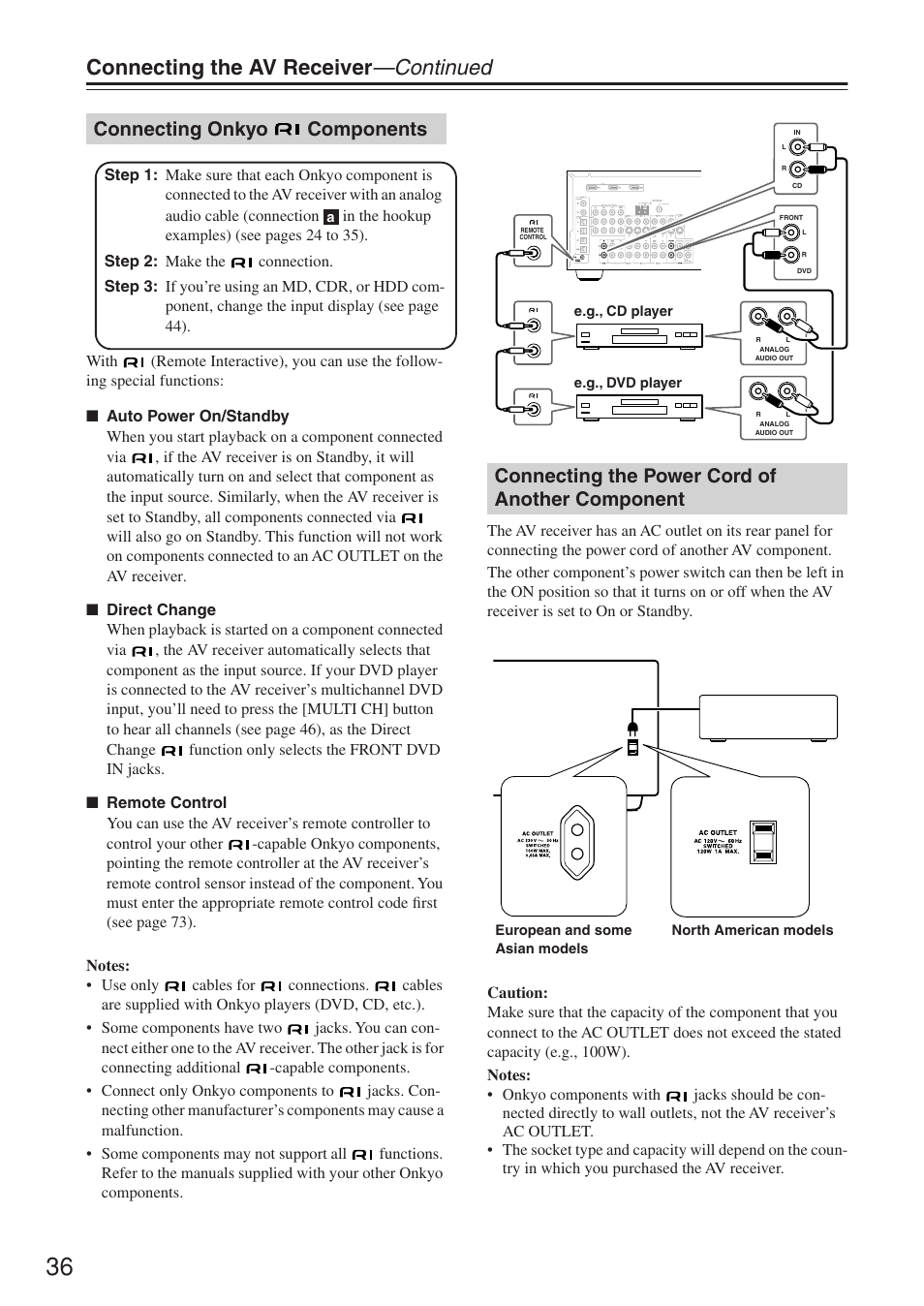 Connecting the av receiver —continued, Connecting onkyo components, Connecting the power cord of another component | Onkyo HT-R640 User Manual | Page 36 / 80