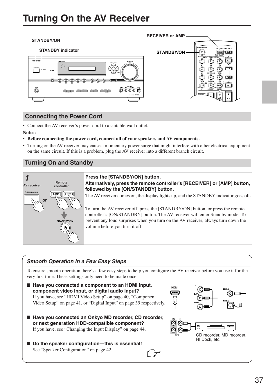 Turning on the av receiver, Connecting the power cord turning on and standby, Smooth operation in a few easy steps | Standby/on, Standby/on standby indicator receiver or amp, Cd recorder, md recorder, ri dock, etc | Onkyo HT-R640 User Manual | Page 37 / 80