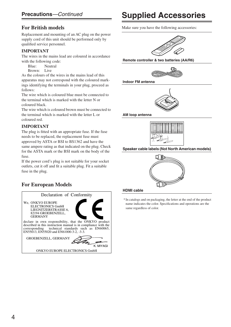 Supplied accessories, Precautions —continued for british models, For european models | Important, Declaration of conformity, Make sure you have the following accessories, Speaker cable, K. miyagi | Onkyo HT-R640 User Manual | Page 4 / 80