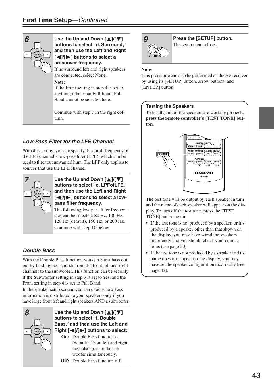 First time setup —continued, Low-pass filter for the lfe channel, Double bass | Onkyo HT-R640 User Manual | Page 43 / 80