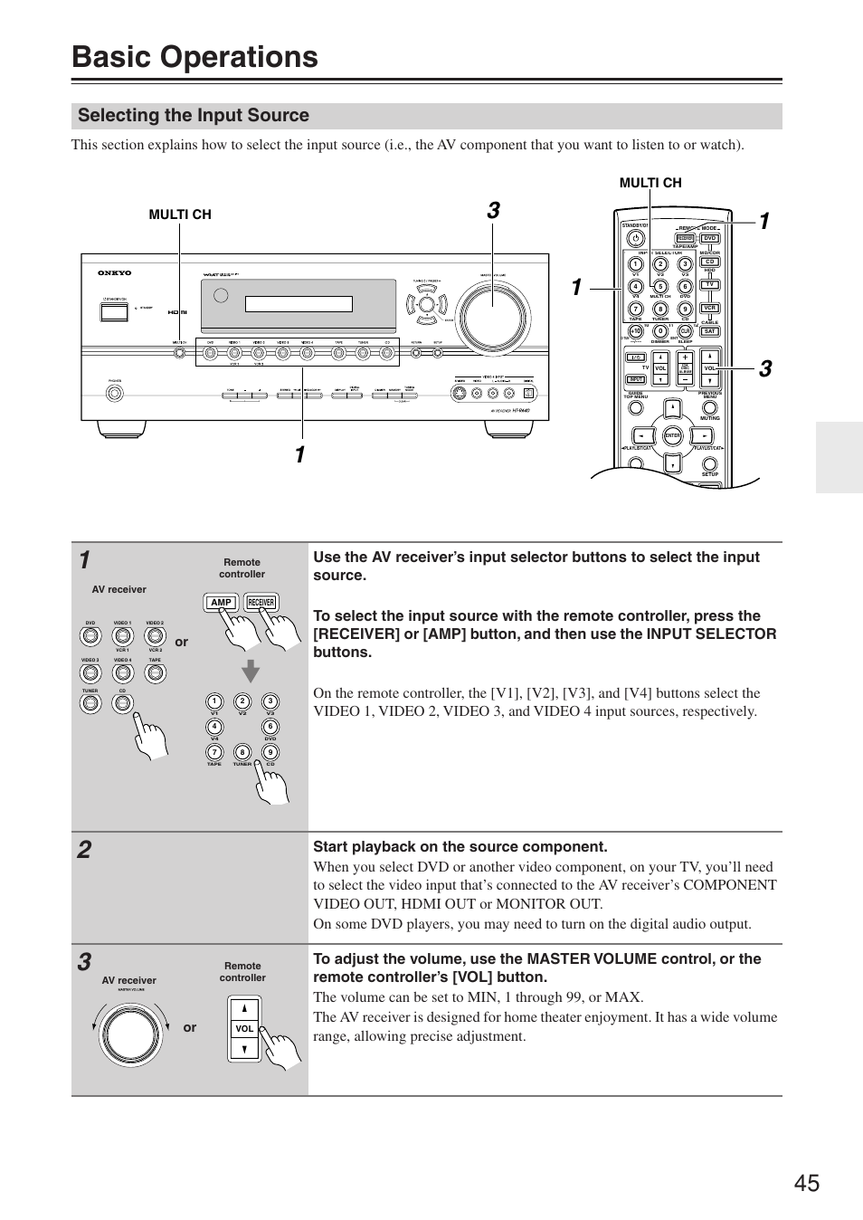 Basic operations, Selecting the input source, Multi ch | Onkyo HT-R640 User Manual | Page 45 / 80