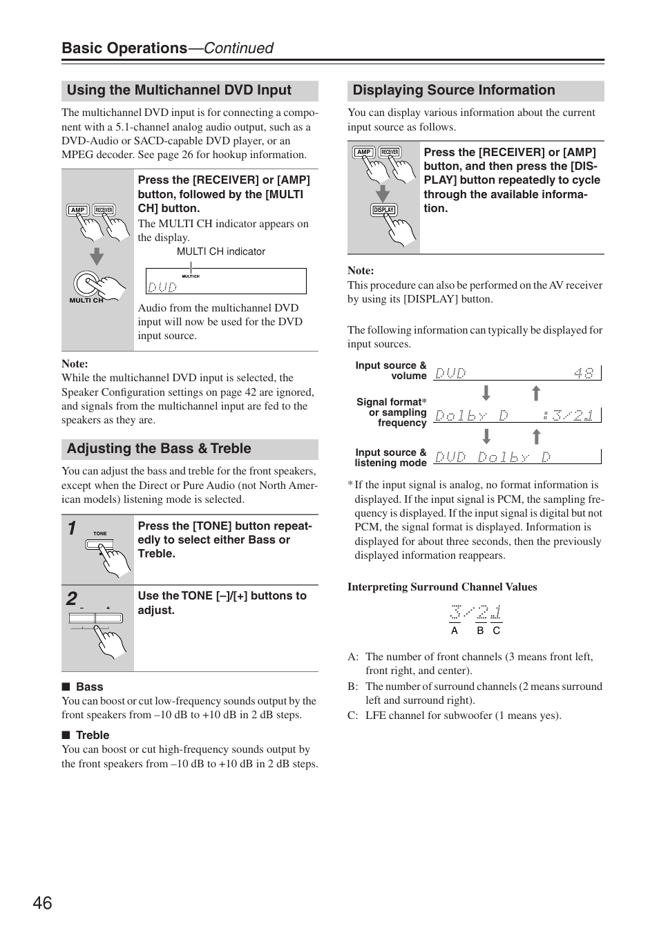 Basic operations —continued, Using the multichannel dvd input, Adjusting the bass & treble | Displaying source information | Onkyo HT-R640 User Manual | Page 46 / 80