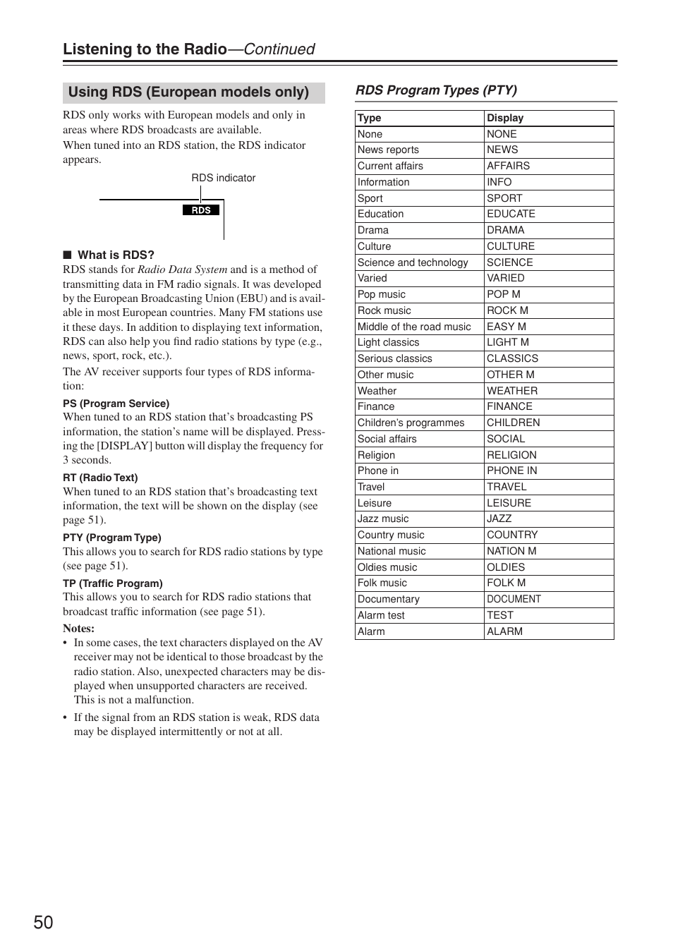 Listening to the radio —continued, Using rds (european models only) | Onkyo HT-R640 User Manual | Page 50 / 80