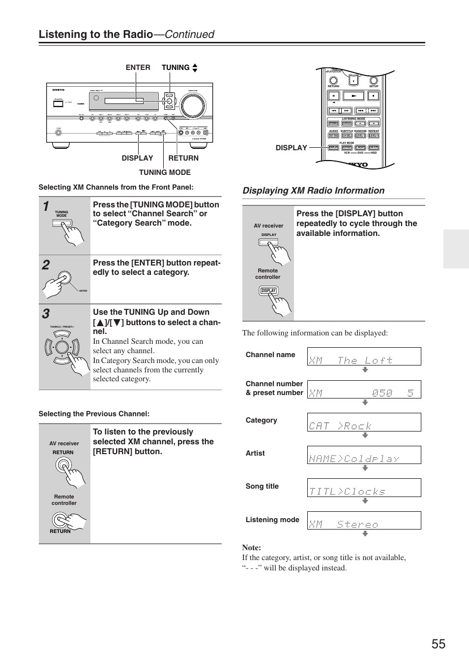 Listening to the radio —continued, Displaying xm radio information | Onkyo HT-R640 User Manual | Page 55 / 80