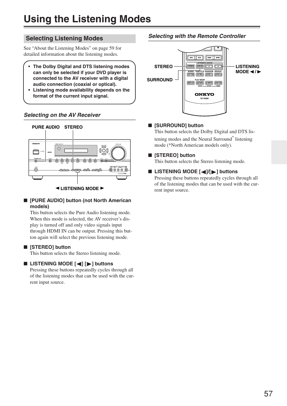 Using the listening modes, Selecting listening modes, Selecting on the av receiver | Selecting with the remote controller | Onkyo HT-R640 User Manual | Page 57 / 80