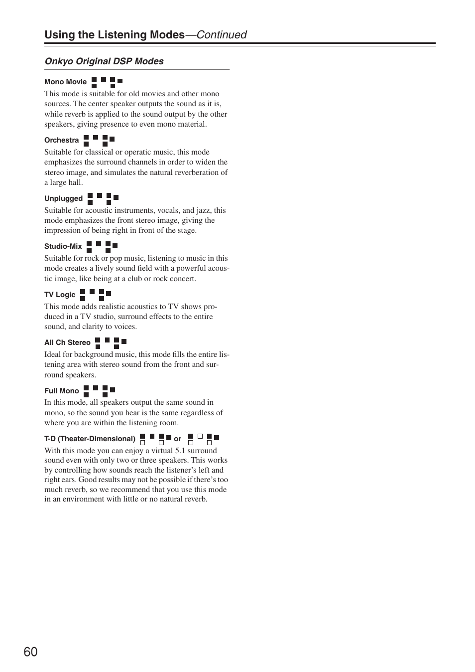 Using the listening modes —continued | Onkyo HT-R640 User Manual | Page 60 / 80