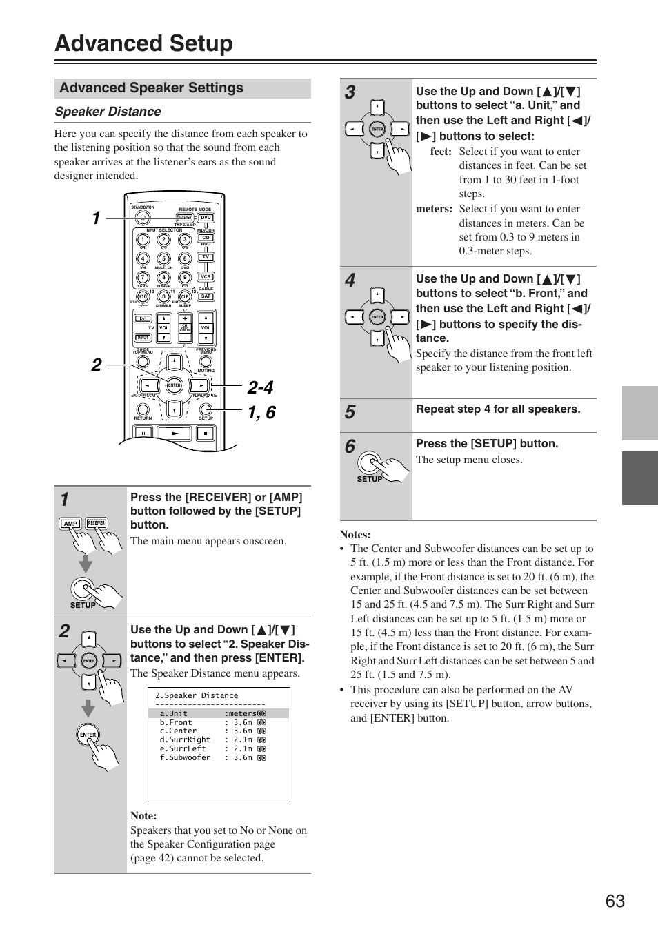 Advanced setup, Advanced speaker settings, Speaker distance | Repeat step 4 for all speakers, Press the [setup] button. the setup menu closes | Onkyo HT-R640 User Manual | Page 63 / 80