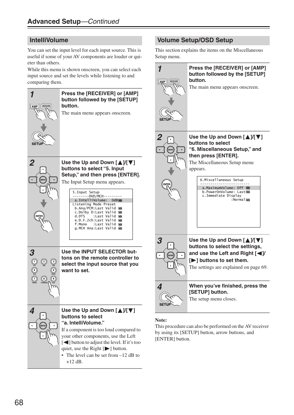 Advanced setup —continued, Intellivolume, Volume setup/osd setup | Onkyo HT-R640 User Manual | Page 68 / 80