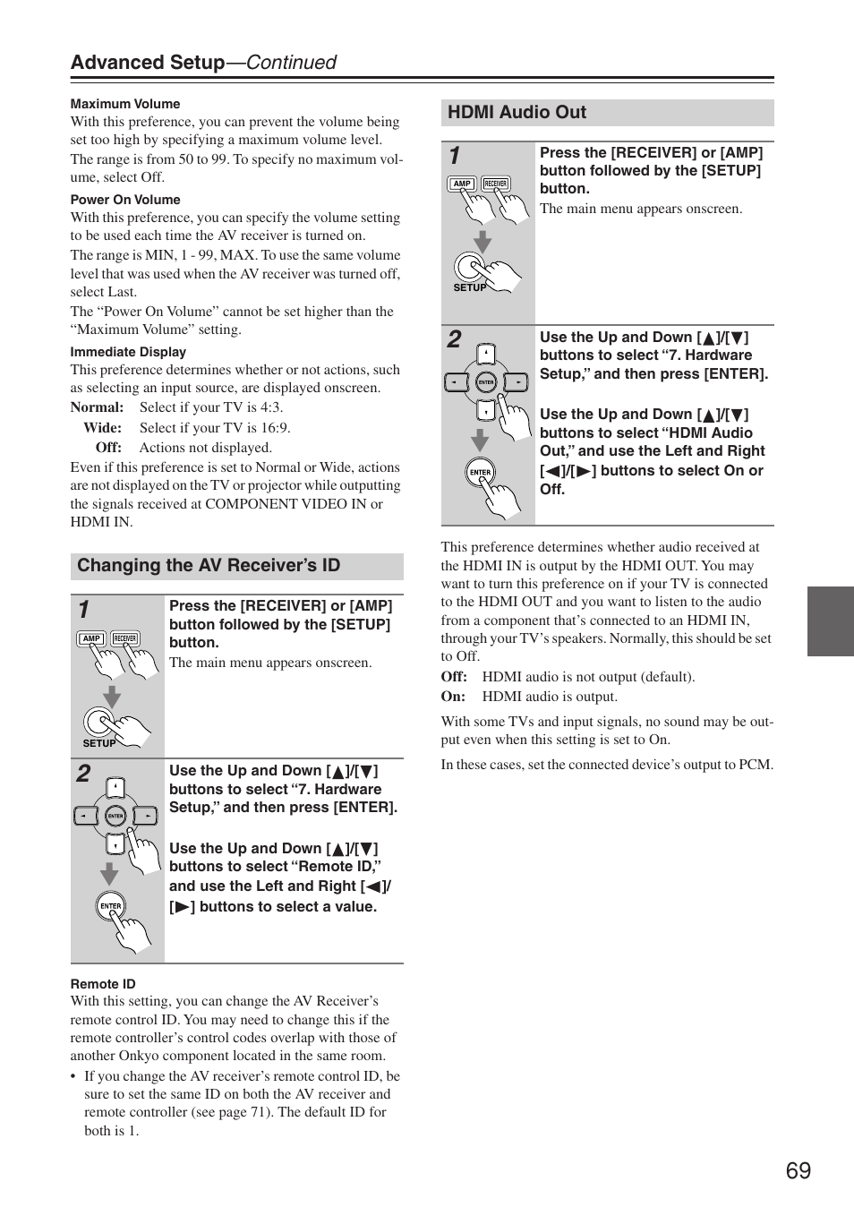Advanced setup —continued, Changing the av receiver’s id, Hdmi audio out | Onkyo HT-R640 User Manual | Page 69 / 80