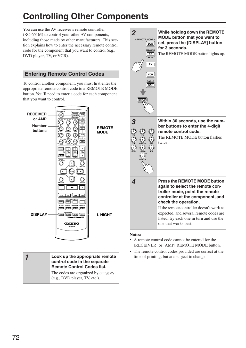 Controlling other components, Entering remote control codes | Onkyo HT-R640 User Manual | Page 72 / 80