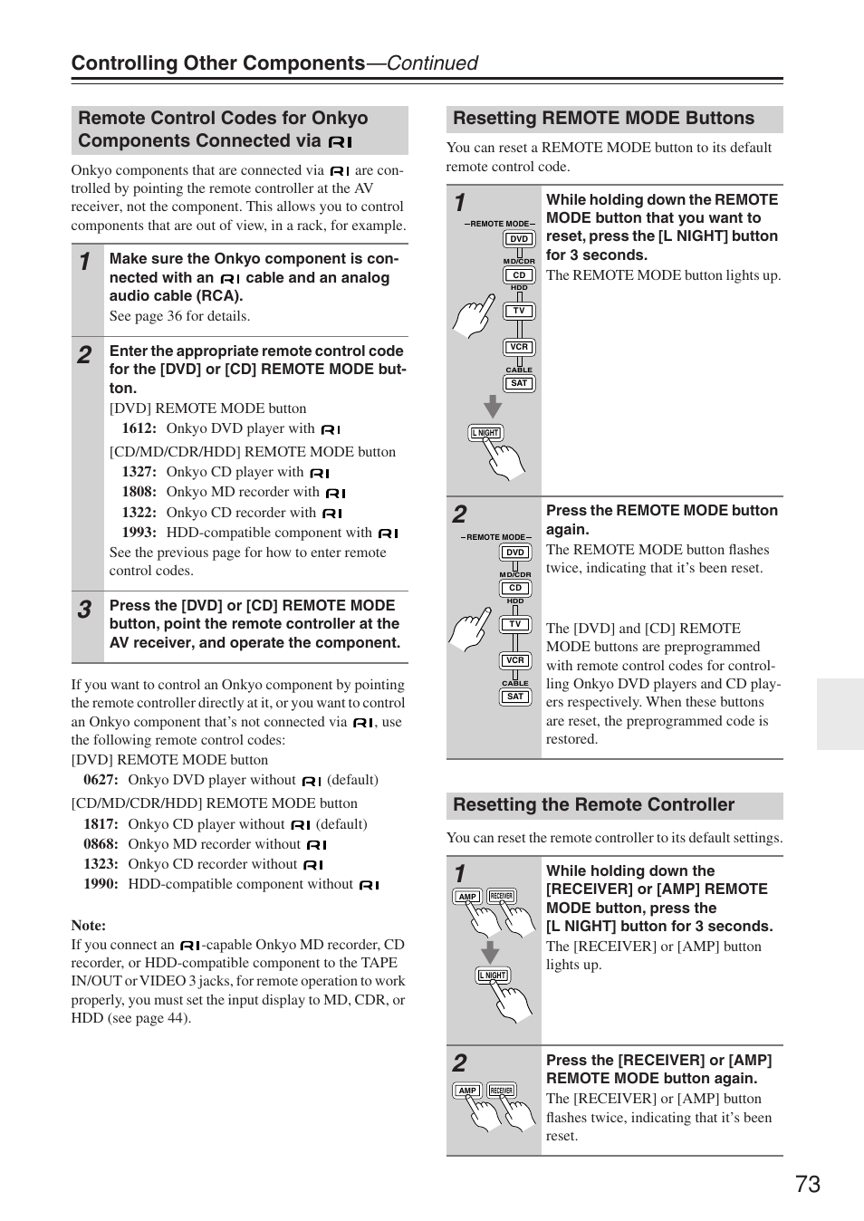 Controlling other components —continued, Resetting remote mode buttons, Resetting the remote controller | Onkyo HT-R640 User Manual | Page 73 / 80