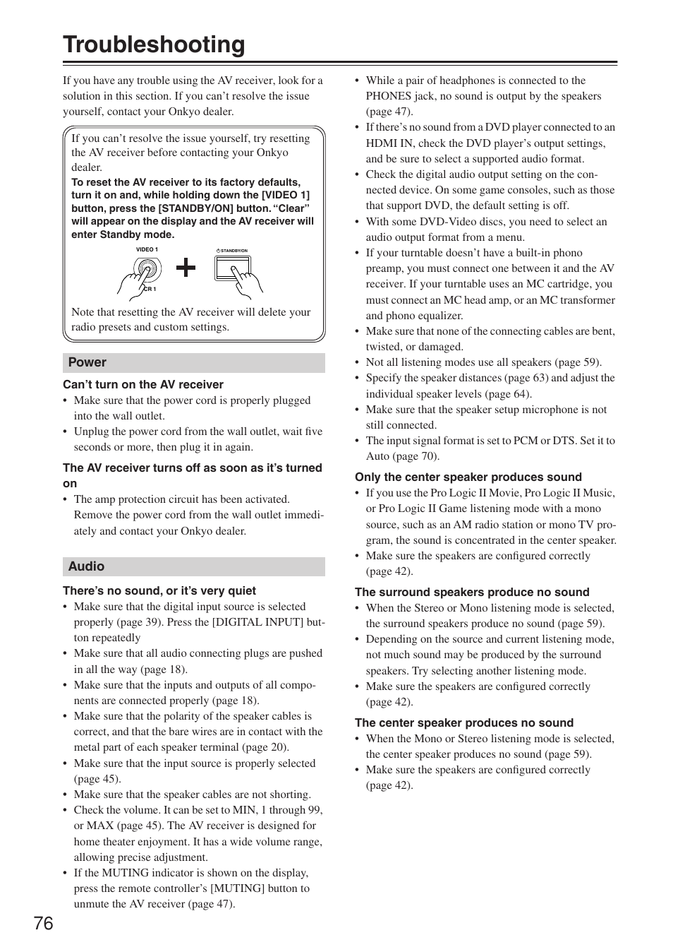 Troubleshooting | Onkyo HT-R640 User Manual | Page 76 / 80