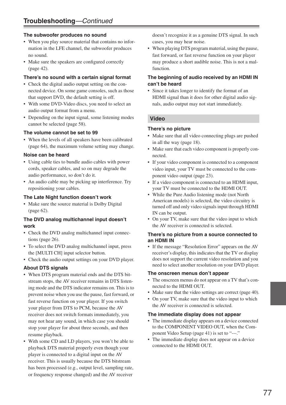 Troubleshooting —continued | Onkyo HT-R640 User Manual | Page 77 / 80