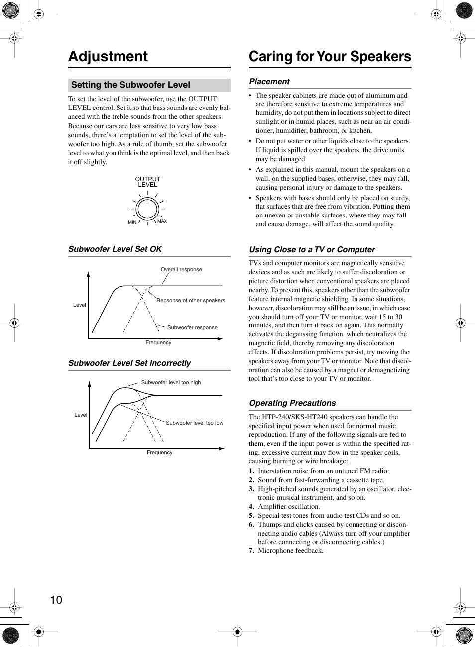 Adjustment, Caring for your speakers | Onkyo HTP-240 User Manual | Page 10 / 12