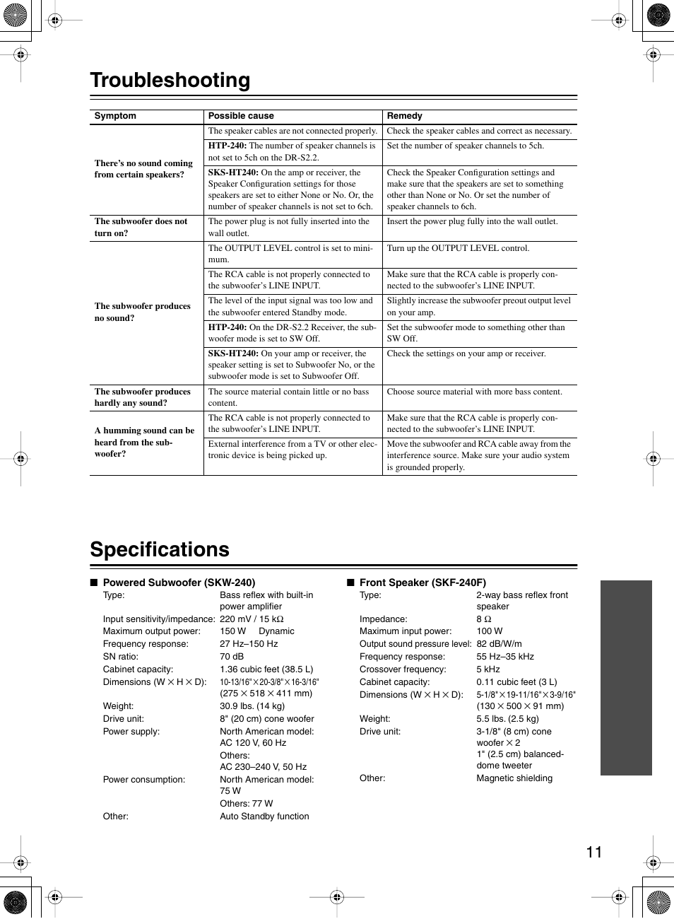 Troubleshooting specifications | Onkyo HTP-240 User Manual | Page 11 / 12