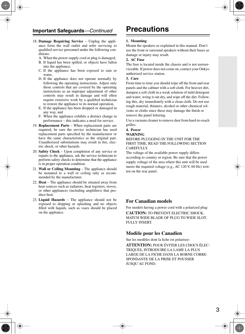 Precautions, Important safeguards —continued, For canadian models | Modèle pour les canadien | Onkyo HTP-240 User Manual | Page 3 / 12