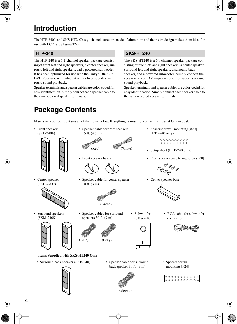 Introduction, Package contents | Onkyo HTP-240 User Manual | Page 4 / 12