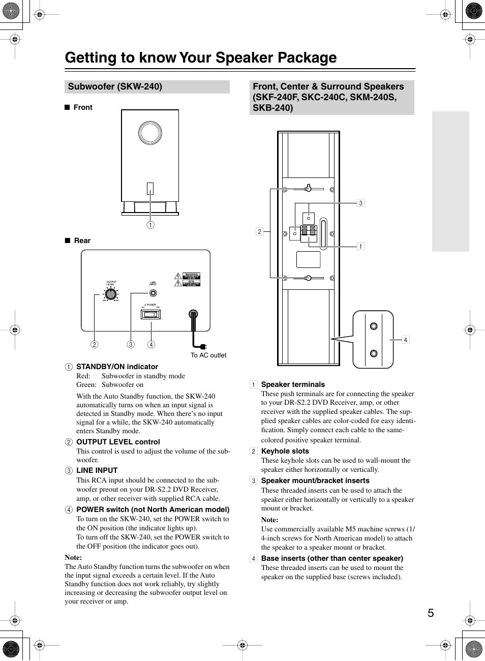 Getting to know your speaker package | Onkyo HTP-240 User Manual | Page 5 / 12