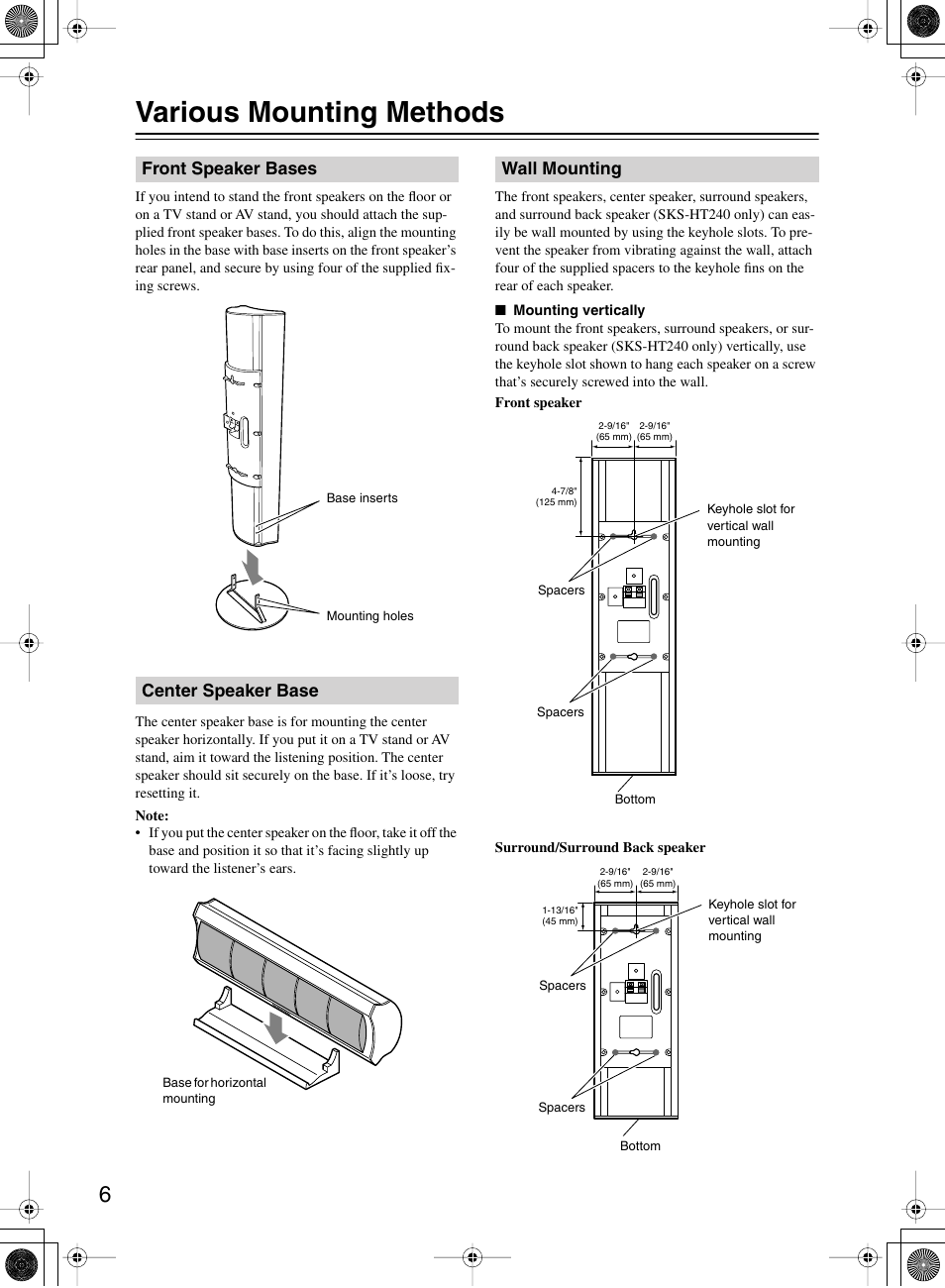 Various mounting methods | Onkyo HTP-240 User Manual | Page 6 / 12