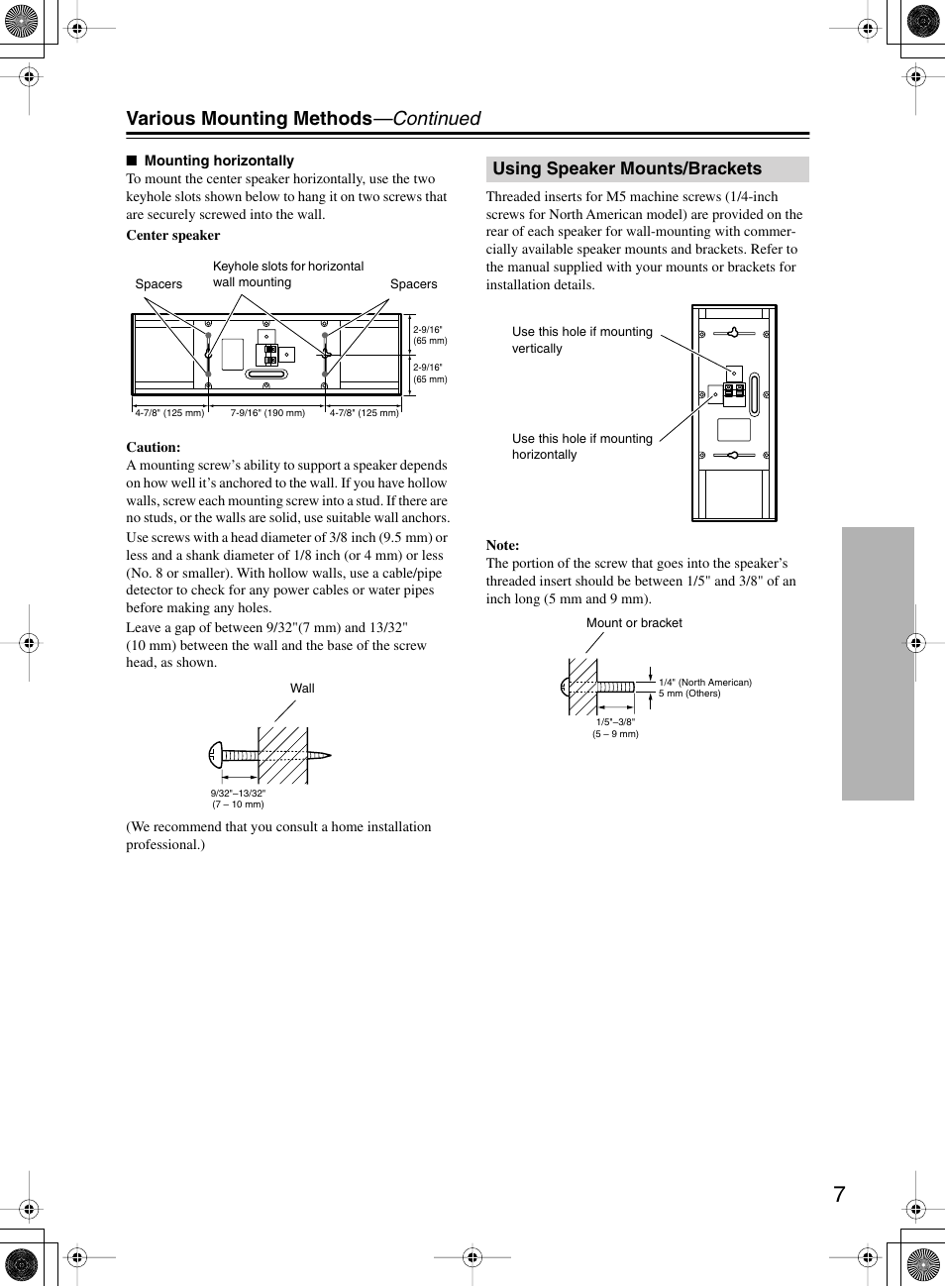 Various mounting methods —continued, Using speaker mounts/brackets | Onkyo HTP-240 User Manual | Page 7 / 12