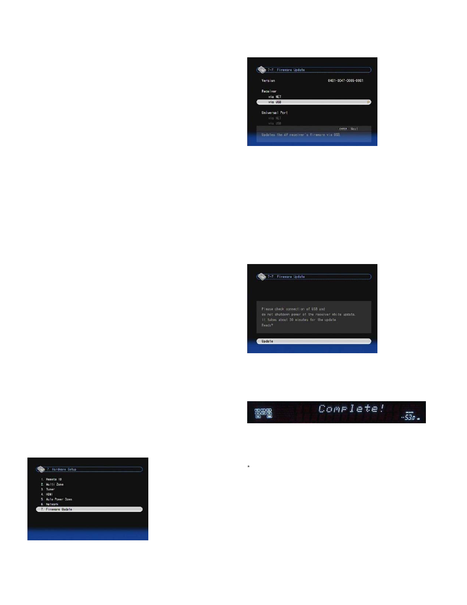 Update procedure via usb 7, Step 8: go to “hardware setup” menu, Step 9: go to “7-7. firmware update” menu | Step 10: select “via usb” and push [enter, Step 12 | Onkyo TXNR1008 User Manual | Page 7 / 8