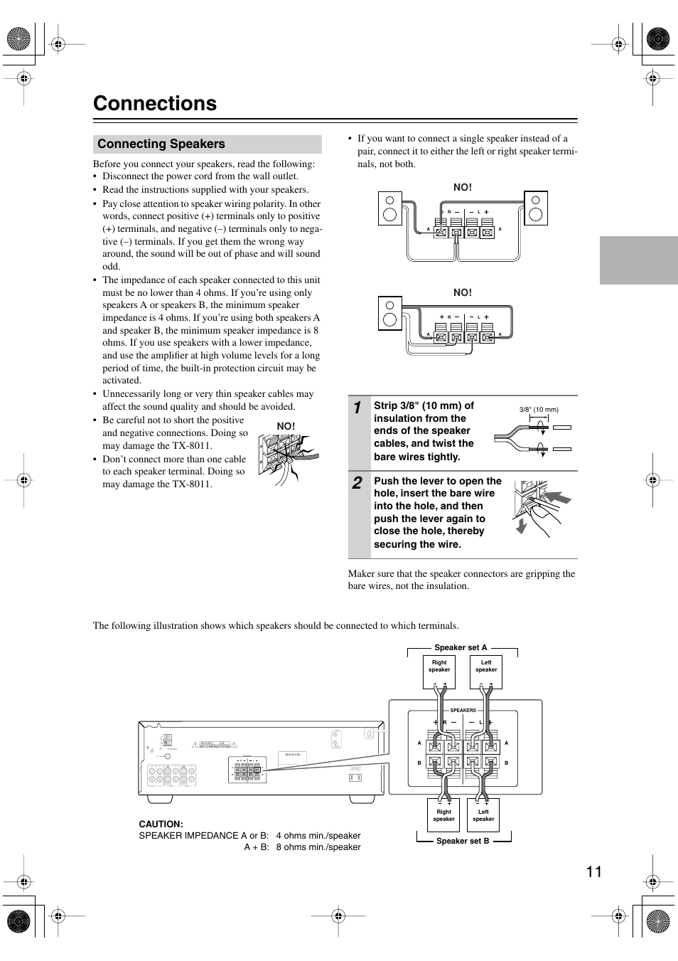 Connections, Connecting speakers, Remote control | Onkyo TX-8011 User Manual | Page 11 / 24