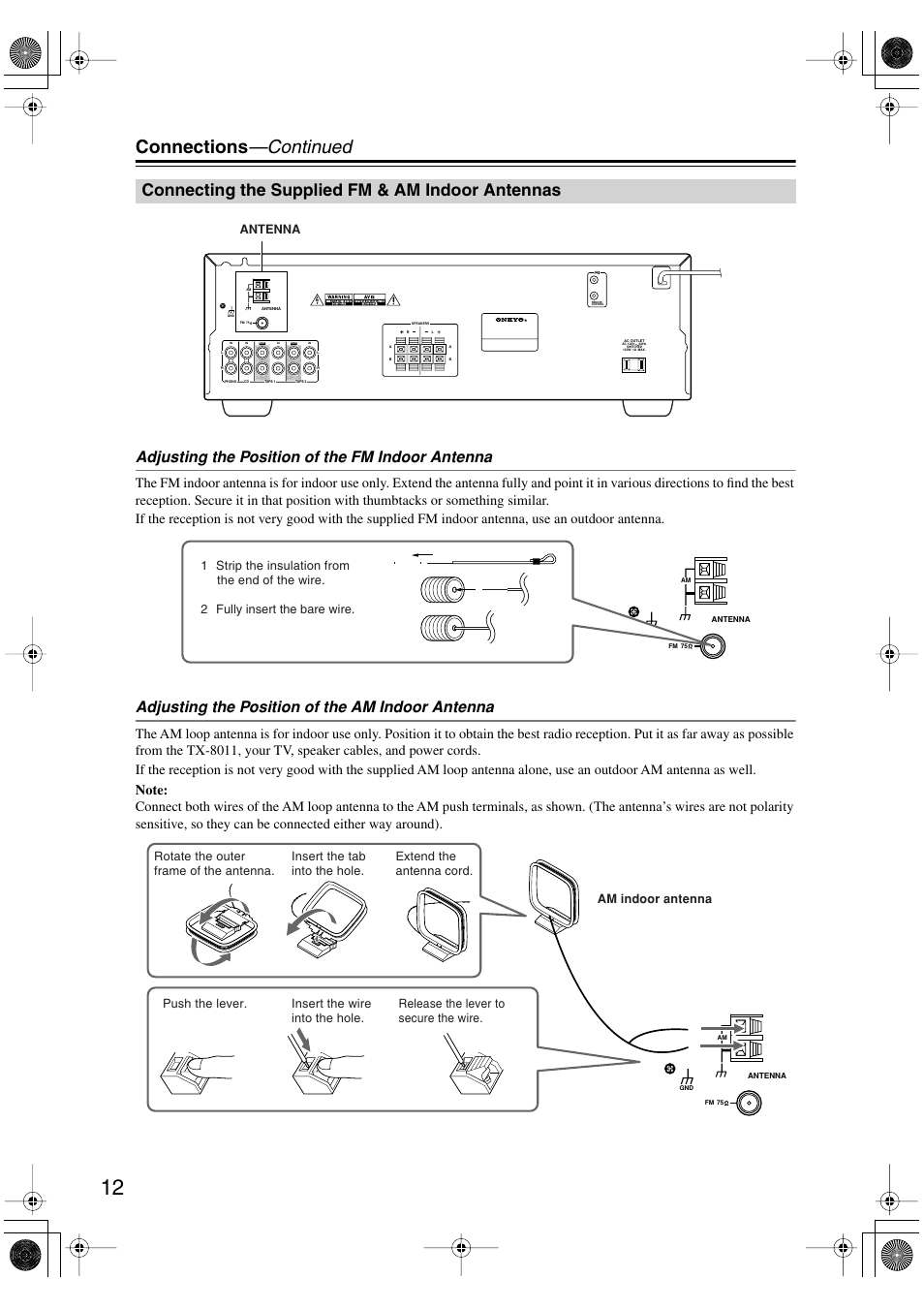 Connections —continued, Connecting the supplied fm & am indoor antennas, Adjusting the position of the fm indoor antenna | Adjusting the position of the am indoor antenna | Onkyo TX-8011 User Manual | Page 12 / 24