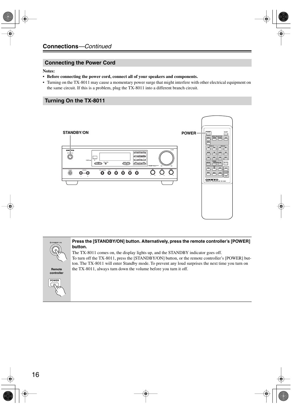 Connections —continued, Connecting the power cord turning on the tx-8011 | Onkyo TX-8011 User Manual | Page 16 / 24