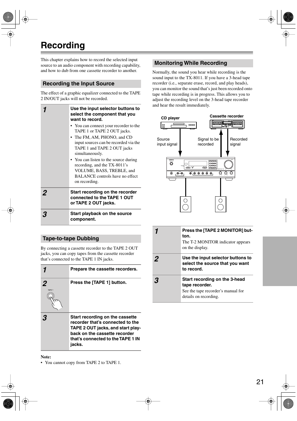 Recording | Onkyo TX-8011 User Manual | Page 21 / 24