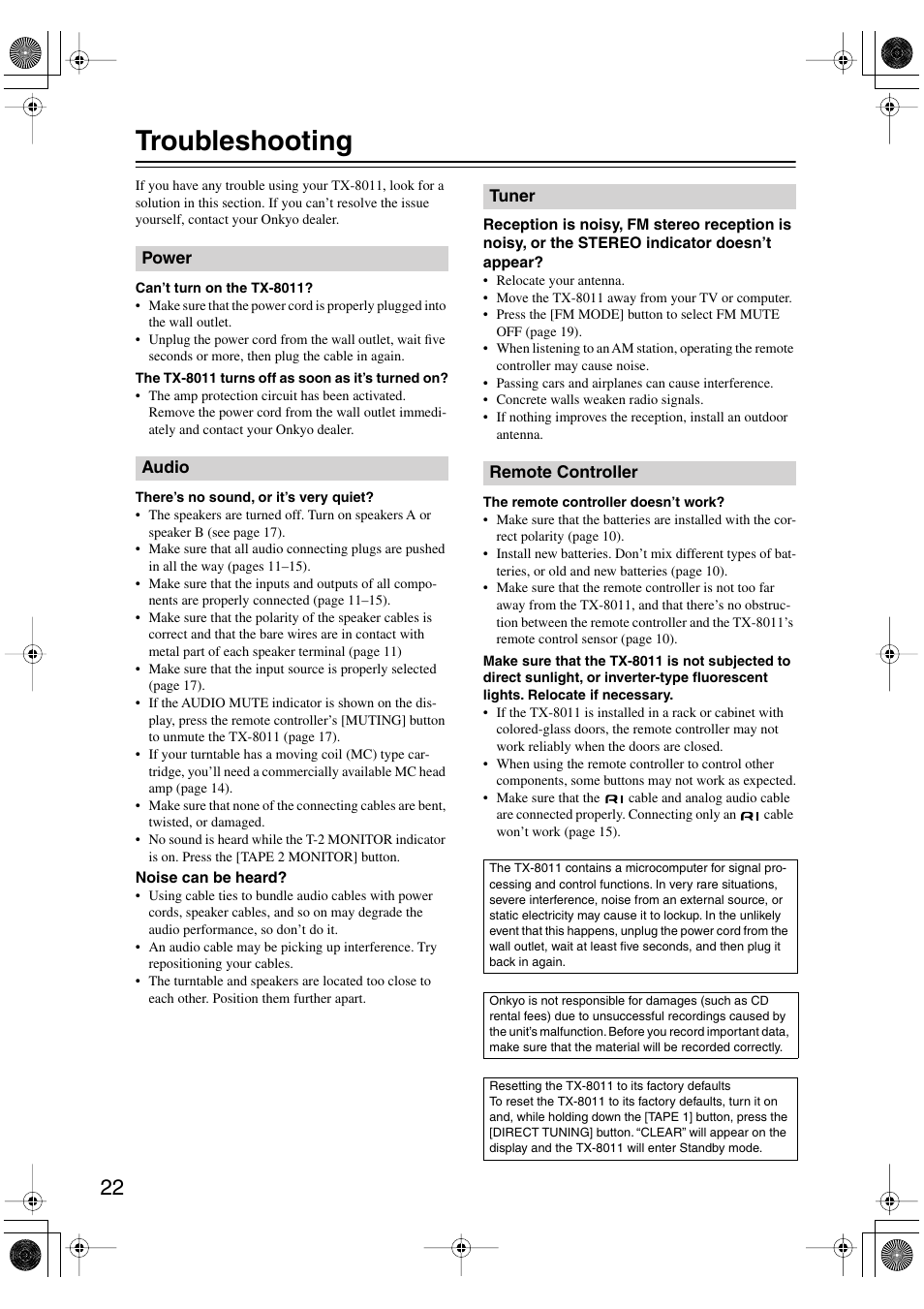 Troubleshooting | Onkyo TX-8011 User Manual | Page 22 / 24