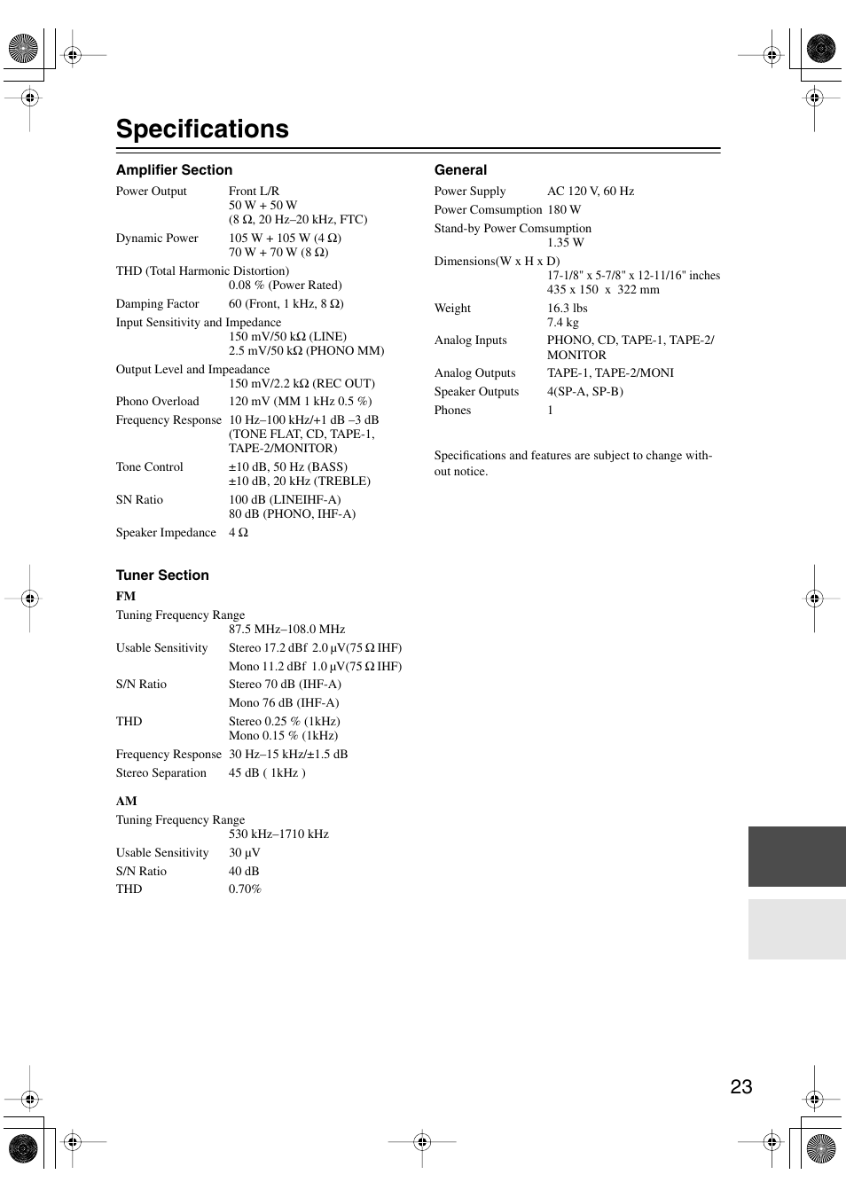 Specifications | Onkyo TX-8011 User Manual | Page 23 / 24