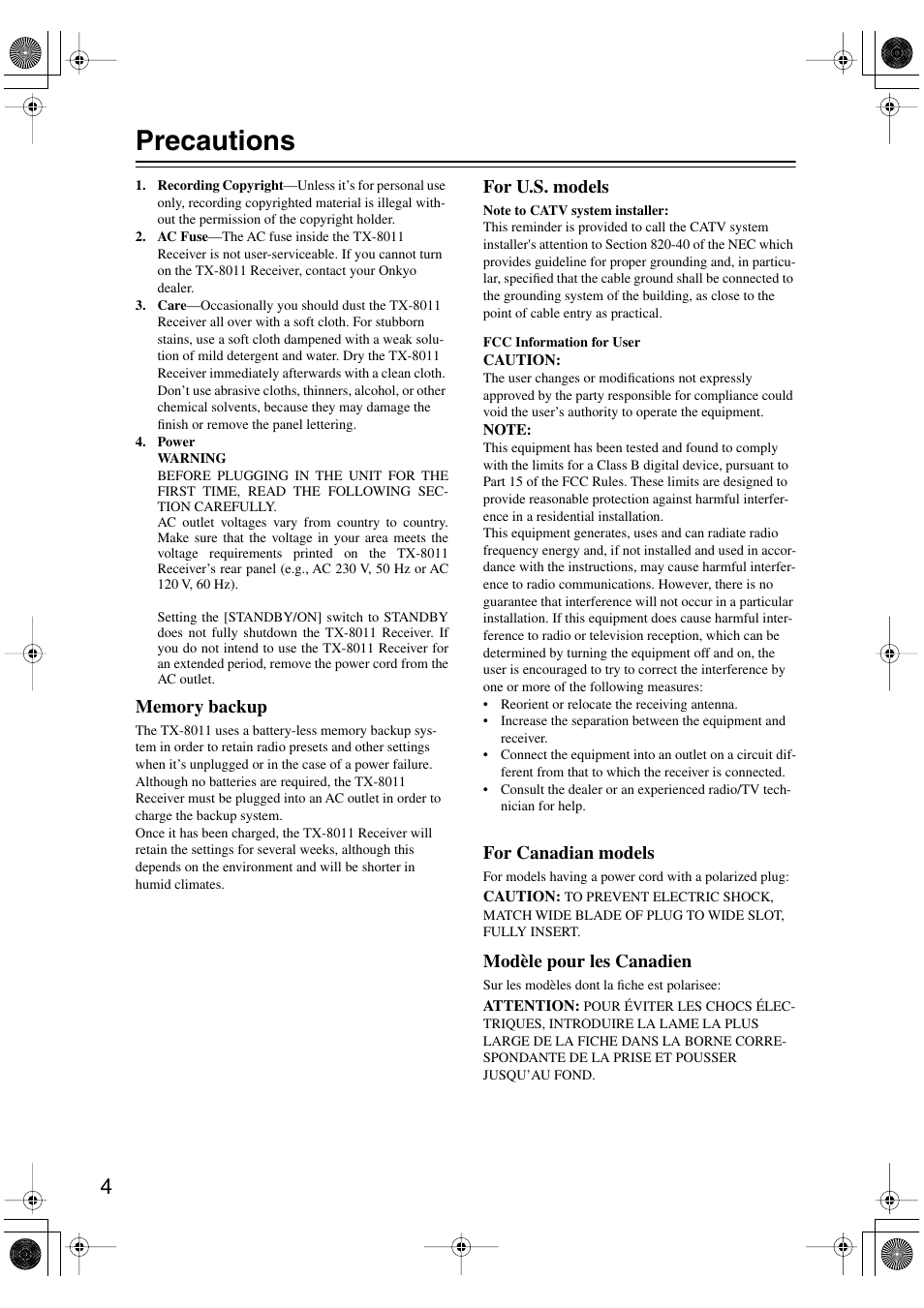 Precautions, For u.s. models, For canadian models | Modèle pour les canadien | Onkyo TX-8011 User Manual | Page 4 / 24