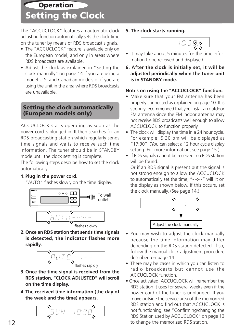 Setting the clock, Operation | Onkyo T-405TX User Manual | Page 12 / 32