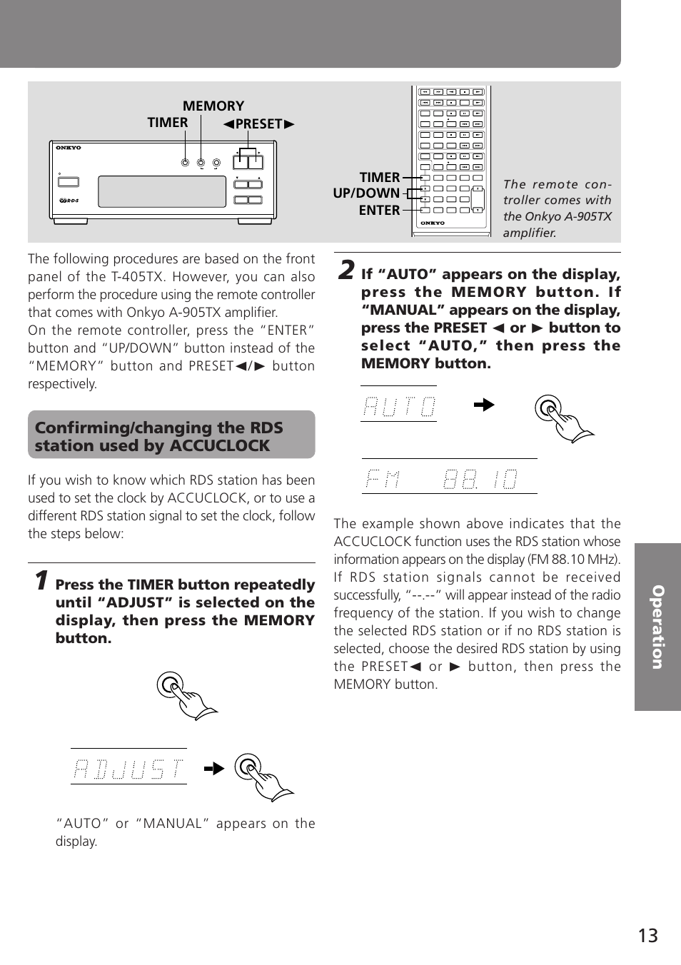 Auto” or “manual” appears on the display | Onkyo T-405TX User Manual | Page 13 / 32