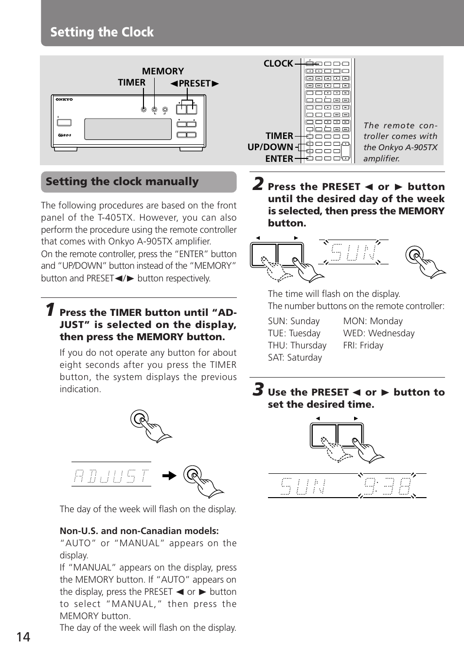 Setting the clock, Setting the clock manually | Onkyo T-405TX User Manual | Page 14 / 32