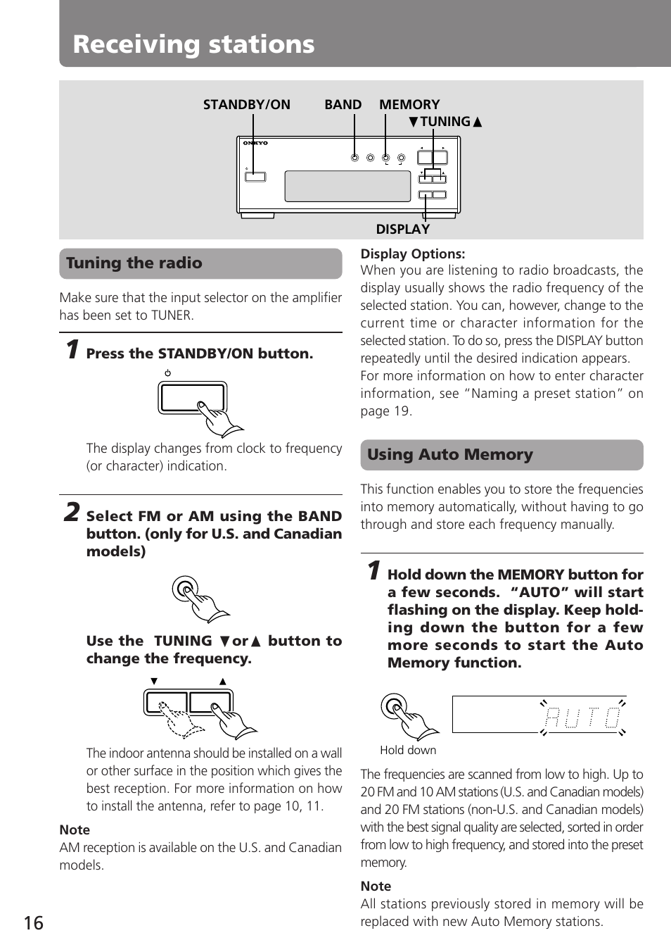 Receiving stations, Tuning the radio, Press the standby/on button | Onkyo T-405TX User Manual | Page 16 / 32