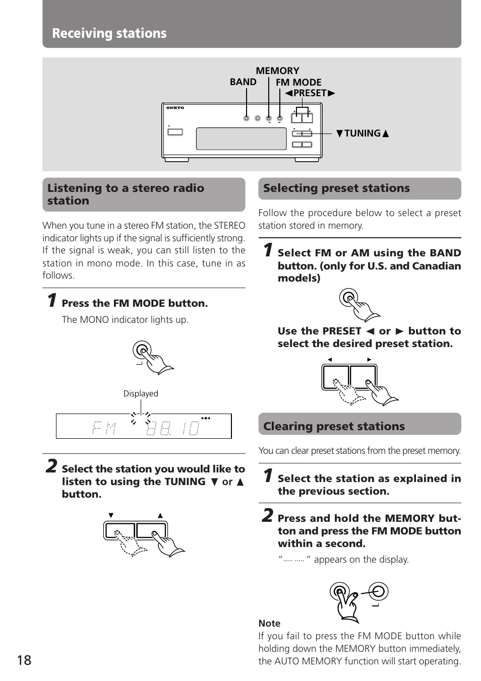 Receiving stations, Listening to a stereo radio station, Selecting preset stations | Clearing preset stations, Press the fm mode button | Onkyo T-405TX User Manual | Page 18 / 32
