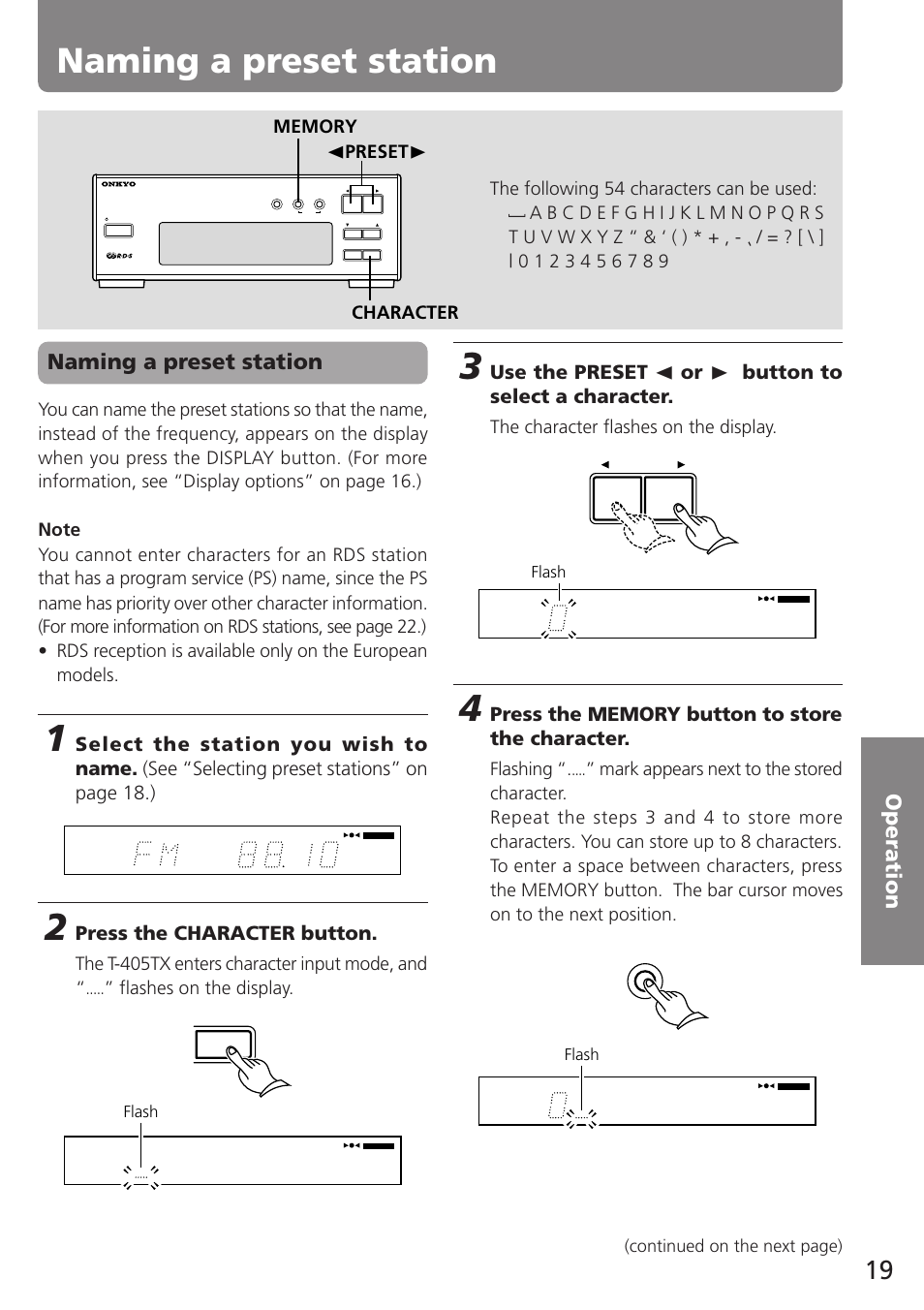 Naming a preset station, Press the character button, Use the preset √ or ® button to select a character | The character flashes on the display | Onkyo T-405TX User Manual | Page 19 / 32