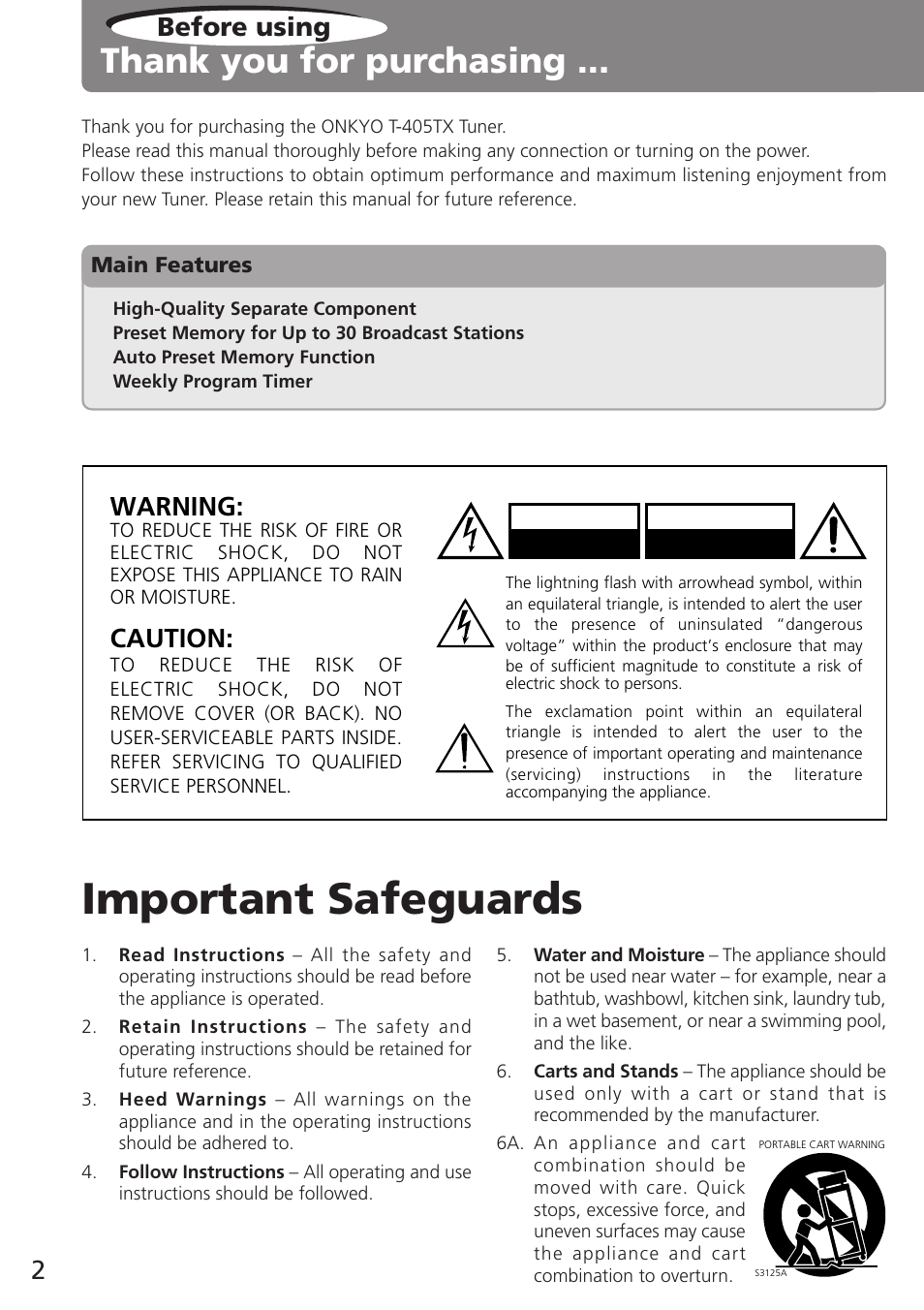 Important safeguards, Before using, Warning | Caution | Onkyo T-405TX User Manual | Page 2 / 32
