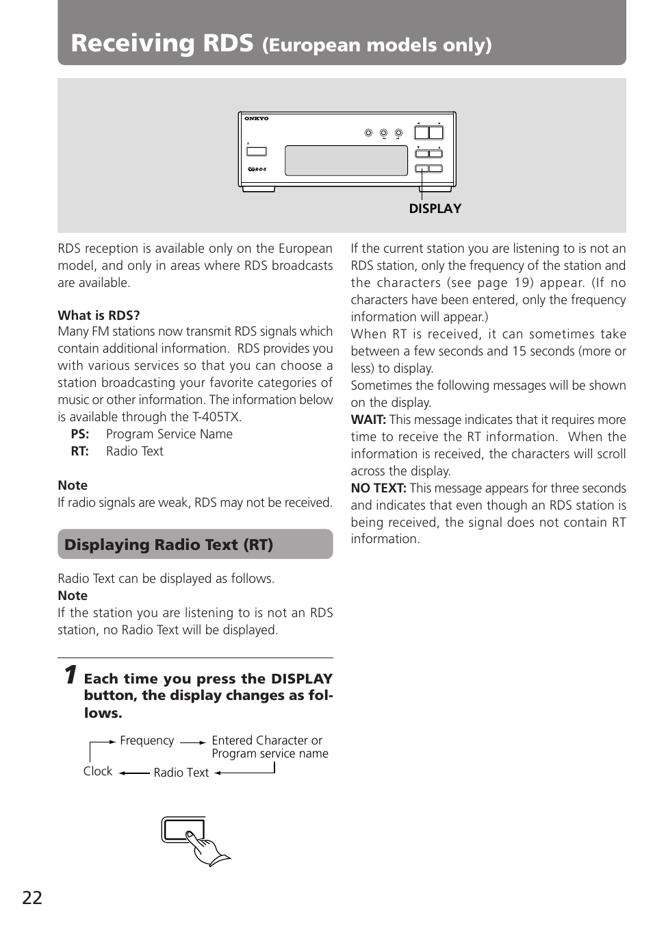 Receiving rds, European models only), Displaying radio text (rt) | Display | Onkyo T-405TX User Manual | Page 22 / 32